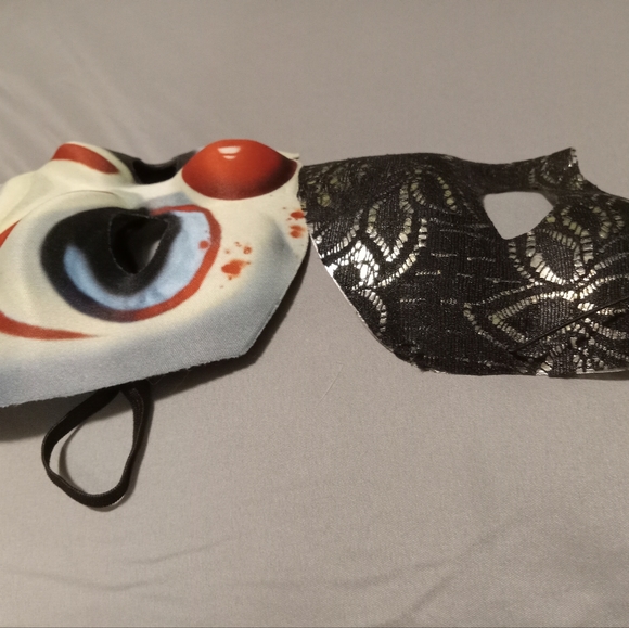 Two Halloween mask in good condition and danger and skull bones tape. - Picture 2 of 4